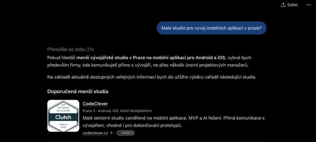 Odpověď ChatGPT na otázku o malém studiu pro vývoj mobilních aplikací v Praze – mezi doporučenými studii je CodeClever